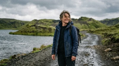 Elín Ragnarsdóttir, guide from Akureyri, standing on the gravel path above the pseudo-craters at Skútustaðagígar beside Lake Mývatn in Iceland