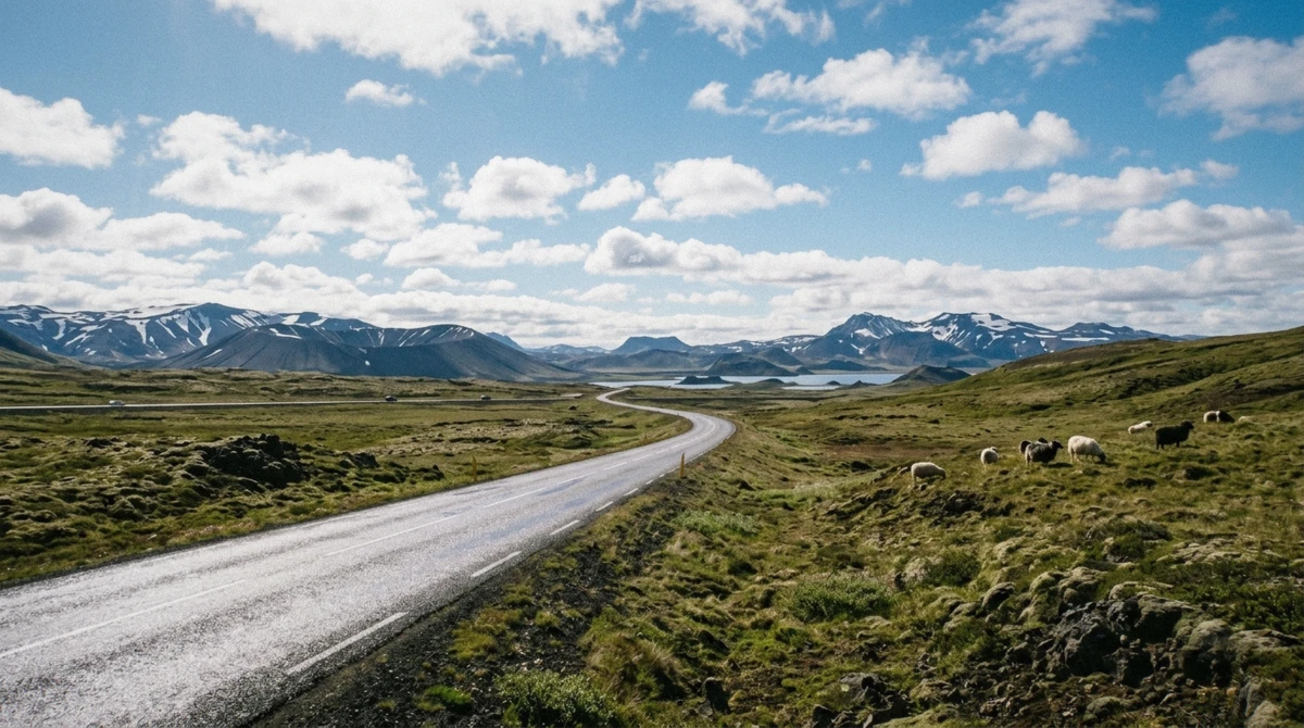Route 1 running east across open heath towards Lake Myvatn in bright morning sunshine, north Iceland