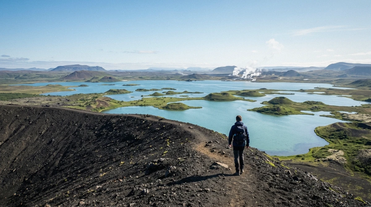 Lake Myvatn and its crater islands seen from the Hverfjall rim in bright morning sun, north Iceland