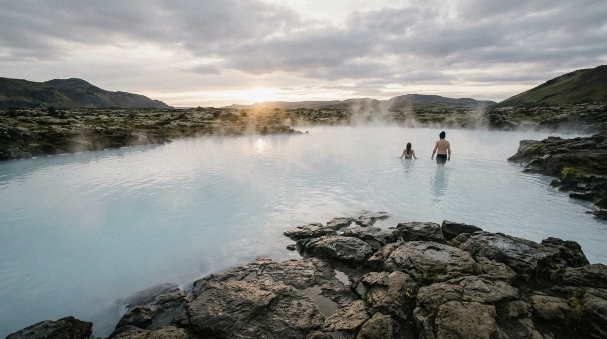 Steam drifting over milky blue geothermal water with a lava ridge behind on a Lake Myvatn tour in northeast Iceland