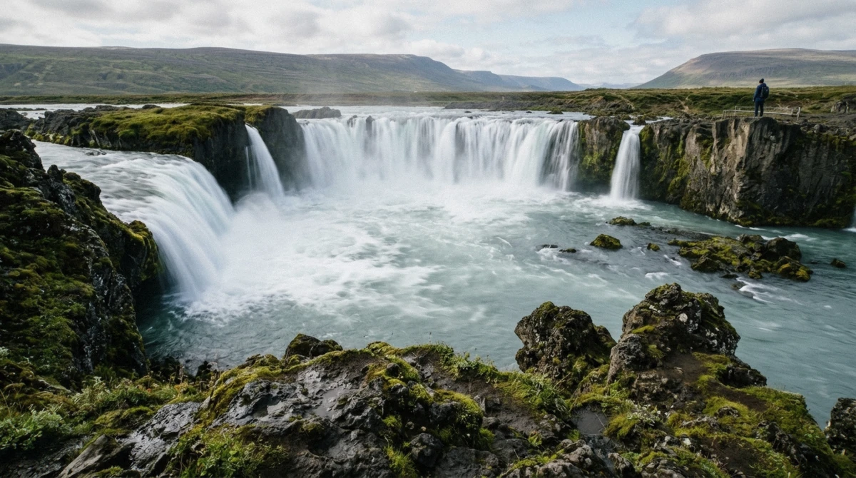 Goðafoss waterfall dropping over its curved basalt ledge beside Route 1 on the drive to Lake Myvatn in northeast Iceland